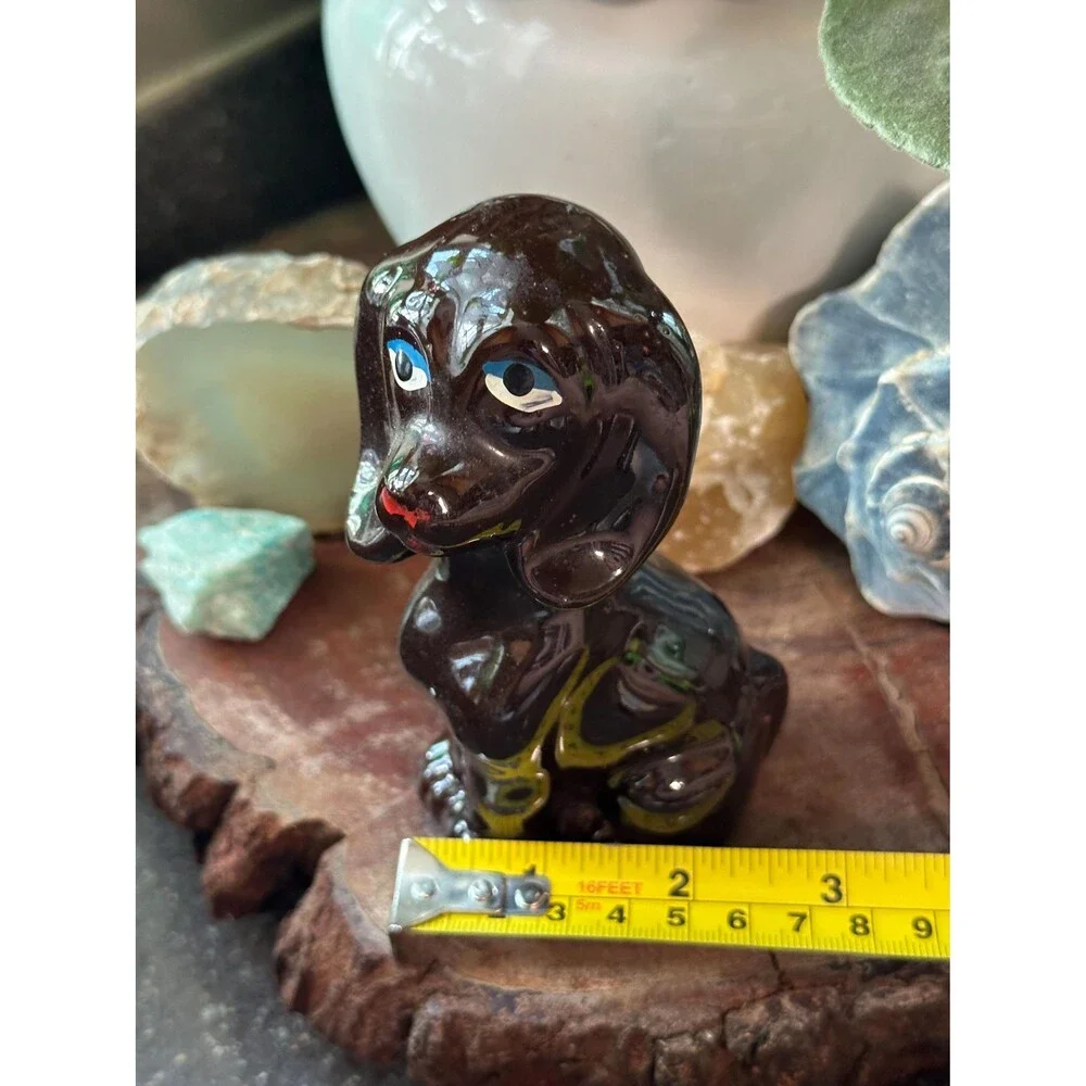 Vintage Brown Glazed Hound Dog Figurine Hand Painted Redware Pottery Folk Art Pu